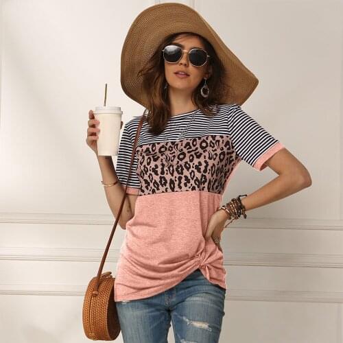 2021 Women Short Sleeve Summer T-shirt Leopard Stripe Stitching T shirt Casual Loose Top Tees Femme Ladies Tshirt Clothes Soft