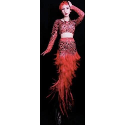 Women New Red Shining Rhinestones T-shirt Feather Long Dress Birthday Celebrate Clothes set Prom Party Bar Dancer Outfit Set