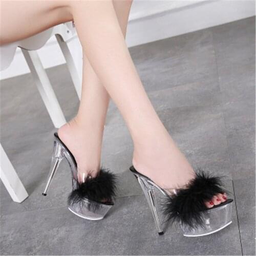 Newest Hairy Faux Fur Woman Slippers Sexy Transparent Crystal Heel Sandals Fashion Summer 15 CM High Heel Mules Plus Size 34-43