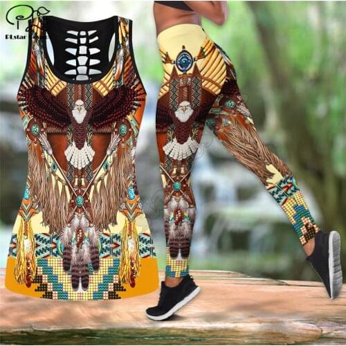 PLstar Cosmos Women for girl Workout Pants geometry Eagle feather 3D Printed Hollow Tanktop sexy Yoga Suit Fitness Soft Legging