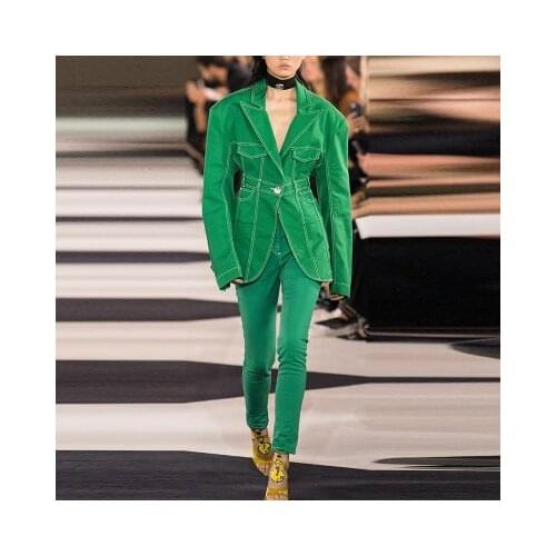 2021 Autumn New Widened Shoulders Open Line Decoration One Button Denim Blazer Jacket Green Women Blazers And Pants