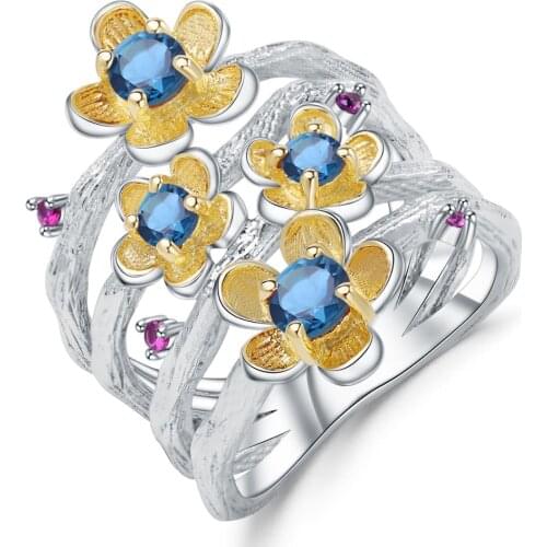 GEMS BALLET 925 Sterling Silver Handmade Jewelry 0.96Ct Natural London Blue Topaz Ring Peach Blossom Flower Rings for Women