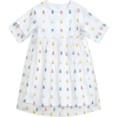 Preppy Style Womens Loose High Waist Ladies Dress Summer O-neck Cartoon Colorful Bear Print Two-piece Dress Dress Knee Length