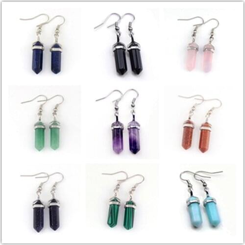 100-Unique 1 Pair Silver Plated Small Hexagon Column Quartz Stone Earrings Elegant Women Jewelry
