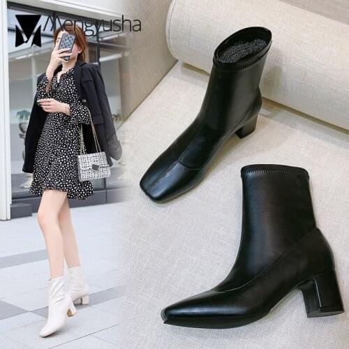 2020 New Womens All Match Boots Solid PU Leather Winter Snow Booties Femme Chunky High Heels Shoes Ladies Sewing Duck Toe Botas