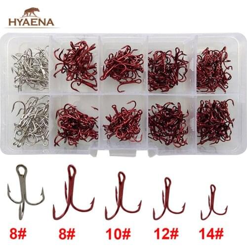 Hyaena 210pcs 35647 Round Bent Triple Hard Spoon Fishhook Red Silver High Carbon Steel Treble Fishing Hooks Set Size 8 10 12 14