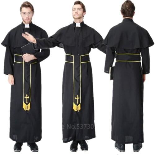 Halloween Carnival Cosplay Costumes for Adult Women Missionary Priest Masquerade Easter Disguise Black Long Robes Clothing