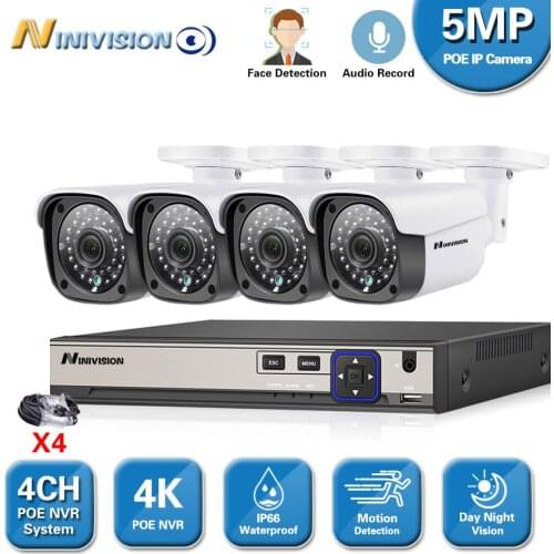NINIVISION Audio AI Face-Recording detection H.265 4CH Super HD 5MP POE Smart Camera kit System Outdoor Waterproof Video