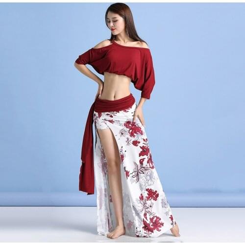 Belly Dance Suit Women Modal Top Ice Silk Long Skirt Performance Exercise Clothing 3 Pieces (Top, Skirt and Underpants)