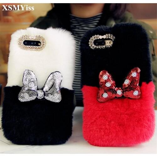 Lovely Rabbit Fur Plush diamond Phone Case For Samsung S20 S9 S10 PLUS S10 Lite Note 20 10 8 Cute Furry Soft TPU hair Back Cover