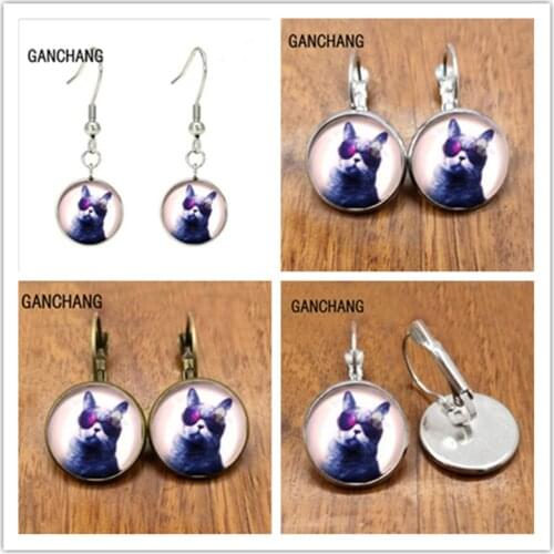 Cool cat earrings, glass cabochon earrings, cute earrings