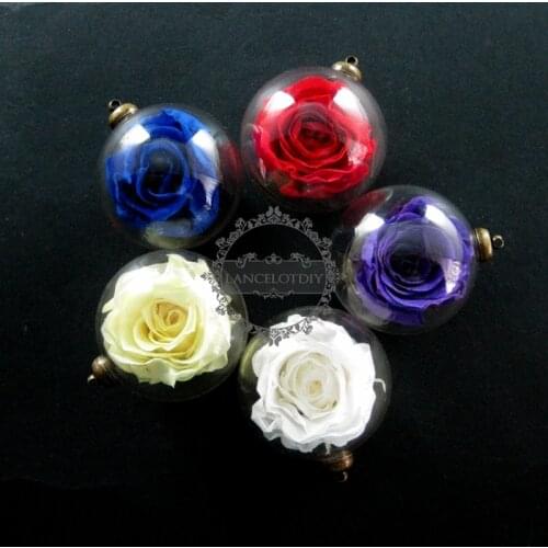 30mm glass dome pendant red,purple,yellow,white,blue real preserved rose blossom flower lover vial antiqued bronze charm 1810395