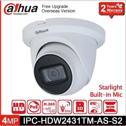 Dahua 4MP Dome Network Camera IPC-HDW2431TM-AS-S2 IR 30m Built-in Mic H.265 POE SD Card Slot Indoor Eyeball IP Camera Starlight