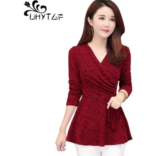 UHYTGF Fashion Women T-Shirt Long Sleeves Lace Casual Spring Top Shirt Female V-Neck Pullover Slim Mother Plus Size Clothes 2057