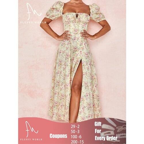 Summer Fashion Dress Women Short Puff Sleeve Elegant Floral Print Slit Maxi Dress Ruched Party Vacation Beach Sundress Ladies