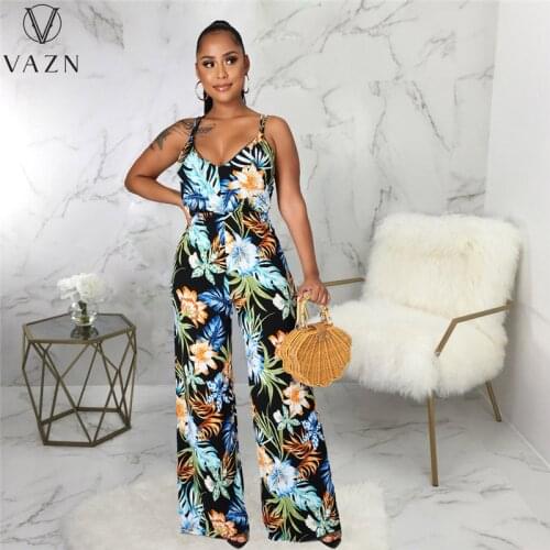 VAZN 2021 Hot High-end Chiffon Holiday Spaghetti Strap Backless Print Sexy Europe And America High Waist Wide Leg Jumpsuits