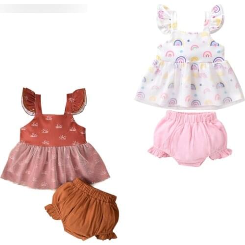 Pudcoco 0-12M 2Pcs Sleeveless Sun/Rainbow Print Mesh Fashion Baby Girls Tops+Shorts Casual Outfit Sets