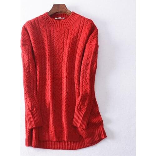 New arrival pure merino wool solid twisted knit women Oneck open hem thick pullover sweater red 4color M-L retail wholesale
