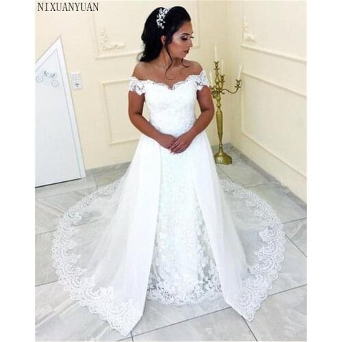 Sexy Vintage Lace Mermaid Overskirts Wedding Dresses 2021 Off Shoulder Plus Size White Arabic African Country Bridal Gowns