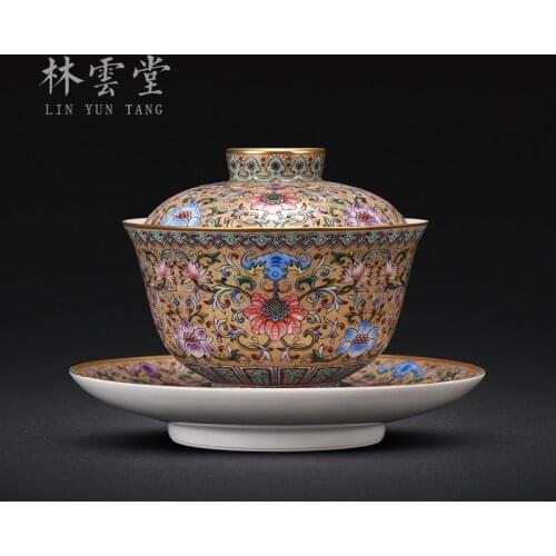 Hand-painted bound branch treasure phase jindi colored enamel three tureen jingdezhen ceramics by hand kung fu tea cup