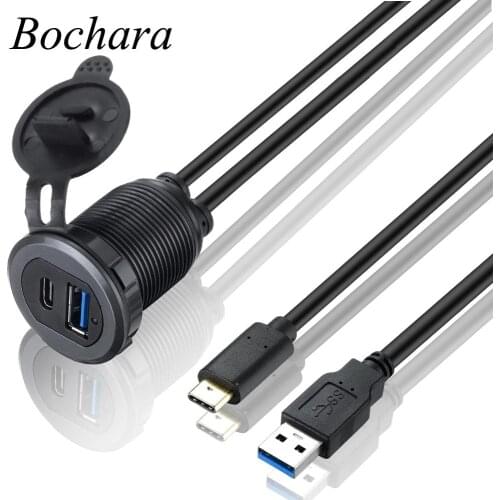 Bochara Flush Mount Panel USB Male to Female+Type C Male to Female Extension Cable Shielded With Indicator Light