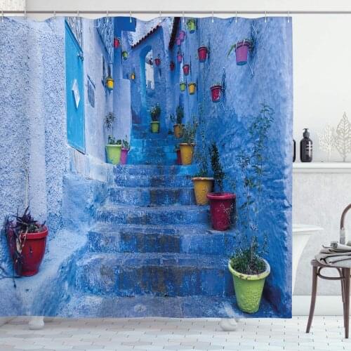 Street with Colorful Flower Pots in City of Chefchaouen in Morocco Travel Village, Cloth Fabric Bathroom Décor