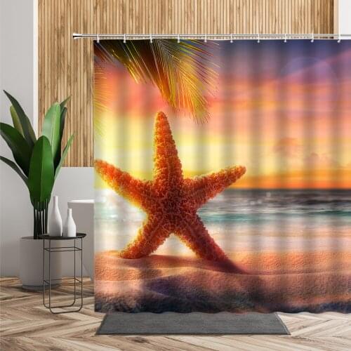 Beach Natural Scenery Shower Curtain Starfish Shell Sunset Sea Bathroom Decoration Waterproof Bathtub Screen With Hook Polyester
