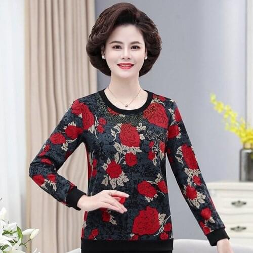Flower Pullover Women T-Shirt 2021 Spring Autumn New 5XL Mother Long Sleeve Tops Tee Shirts Femme O-neck Clothes