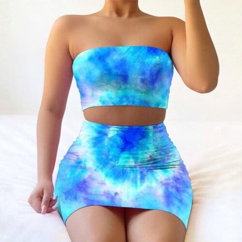 Rainbow Tie-Dye Print 2 Piece Matching Set Women Clothes Off Shoulder Backless Crop Top Bodycon Mini Skirt Birthday Club Outfits