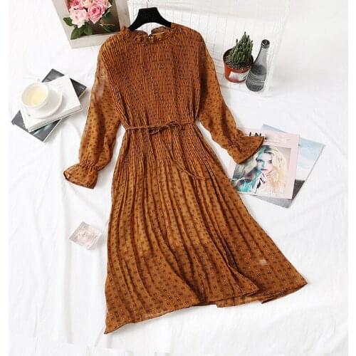 Spring Autumn Womens Chiffon Dresses Stand Neck With Bow Floral Print Ruffles Vestido Long Sleeve Elegant Cute Dress Plus size