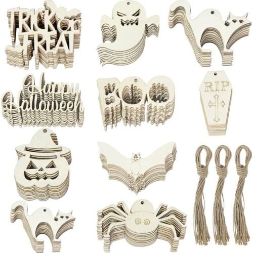 10Pcs Halloween Pumpkin Wooden Pendant Horror Bat Spider Ghost Wood Confetti Craft For Happy Halloween Bar Outdoor Hanging Decor