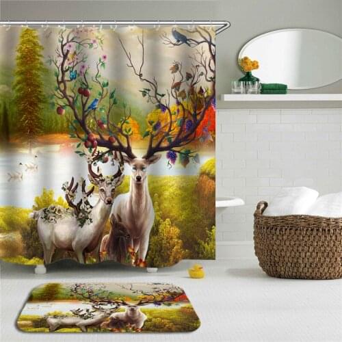 2Pcs/Set Colorful Deer Animal Shower Curtain Set Bathroom Waterproof Polyester Cloth + Non-slip Mat Toilet Bathroom Home Decor