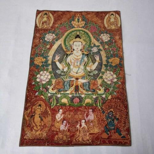 36" Tibet Tibetan Cloth Silk 4 Arm Guanyin Kwan-yin Tangka Thangka Mural