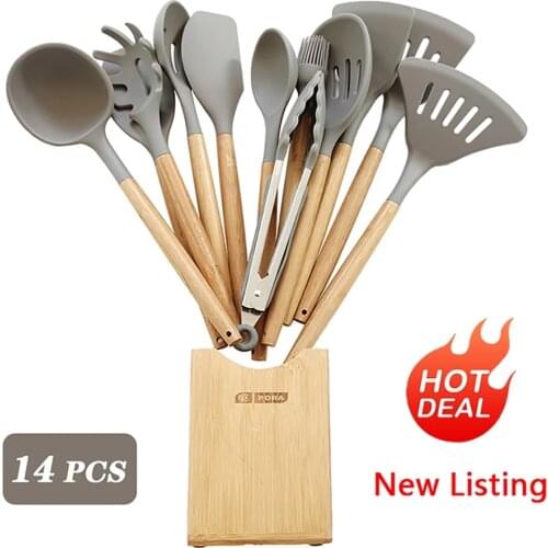 11-14Pcs Silicone Kitchen Utensils Set Bamboo Handle Large Spoon Spatula Set Kitchen Accessories Cooking Utensils Kitchen Tools