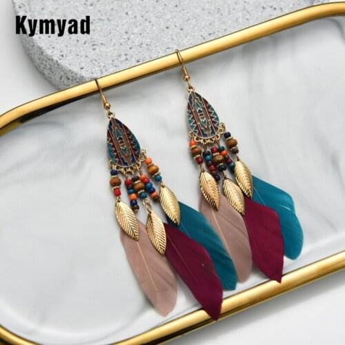 Kymyad Bohemia Earrings Water Drop Shaped Feather Long Earrings Ethnic Style Boho Fashion Jewelry Bijoux Femme Jewellery Earring