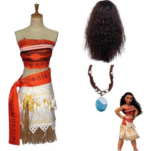 Kids Girls Princess Dresses Moana Costumes Dress Necklace Wig Halloween Costumes Vaiana Moana Cosplay for Women Adult Clothes