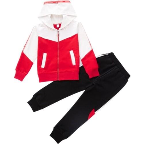 Kids girls leisure suit spring / autumn spell color long-sleeved hooded jacket + pants 2pcs sets of new large child sports suit