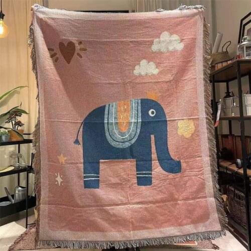 Elephant Under The Clouds Tapestry Wall Hanging Knitted Thick Fabric Decorative Sofa Throw Pink Cartoona Bed Sheet Cloth Carpet