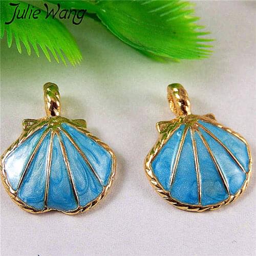 Julie Wang Wholesale 5PCS Enamel Sky Blue Shells Conch Alloy Gold Tone Charms For Neckalce Pendant DIY Jewelry Making Accessory
