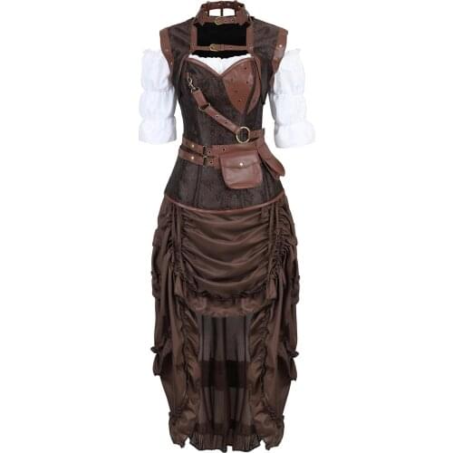 Corset 3 Piece Outfits for Women Vintage Retro Pattern Leather Bustiers with Pirate Skirt White Blouse Set Carnival Costumes