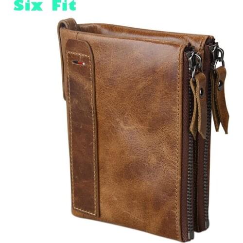 2021 Sixfit Genuine Wallet Cowhide Leather Men Wallets Double Zipper Short Purse Coin Pockets Anti Rfid Card Holders Wallet Men