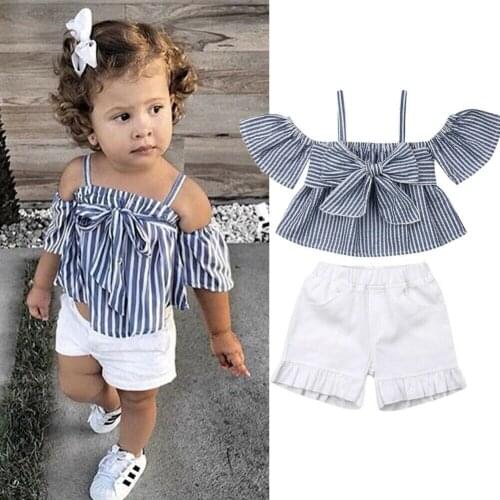 Citgeett Summer Toddler Kid Baby Girls Bowknot Off Shoulder Striped Tops White Shorts Pants Clothes