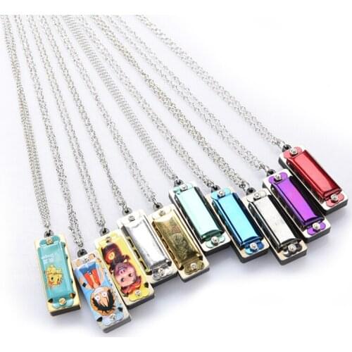 Mini 4 Hole 8 Tone Harmonica Metal Necklace Design Chain Toy Gift Color Random