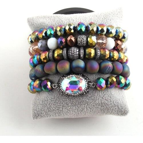 RH Fashion Jewelry Beautiful Beaded Bracelet Set Natural Stone Cubic Zircon Ball Crystal Pave Wristband bangles