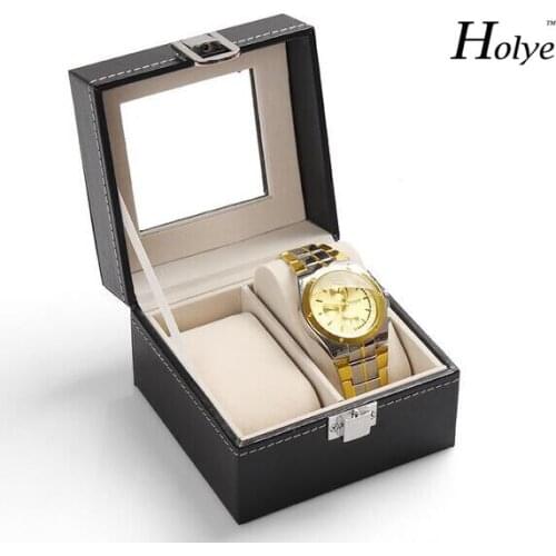 New arrival Wrist Watch Display Storage Organizer Box Container 2 Cell Leather Windowed Case His-and-Her watches box hot sale