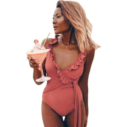 Solid Brick-red V-neck Ruffled One-Piece Swimsuit Sexy Lace Up Women Monokini 2021 New Girls Beach Bathing Suits Swimwear