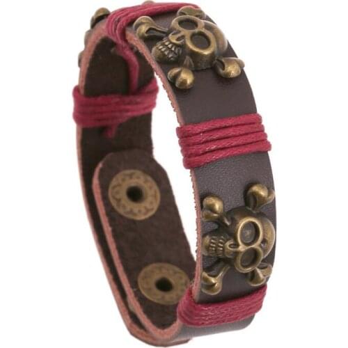 Punk Gothic Hippie Skull Wristbands Vintage Skeleton Charm Cowhide Leather Cuff Bracelet Buckle Bangle Rock Retro Casual Jewelry