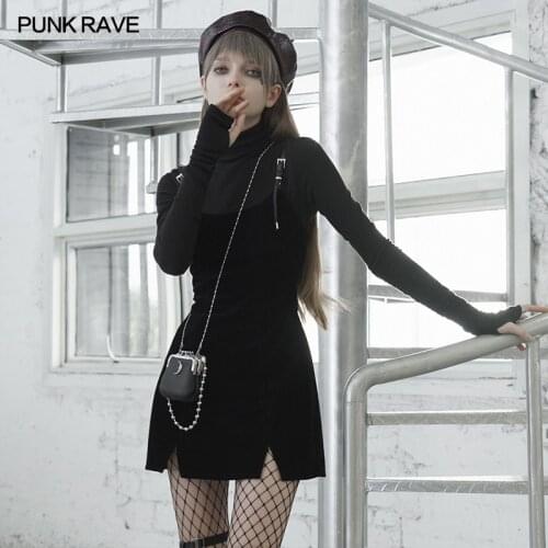 PUNK RAVE Womens Punk Straps Small A Shape Slim-fitting Dress Pu Leather Shoulder Straps Simplicity Sexy Dress Elegant