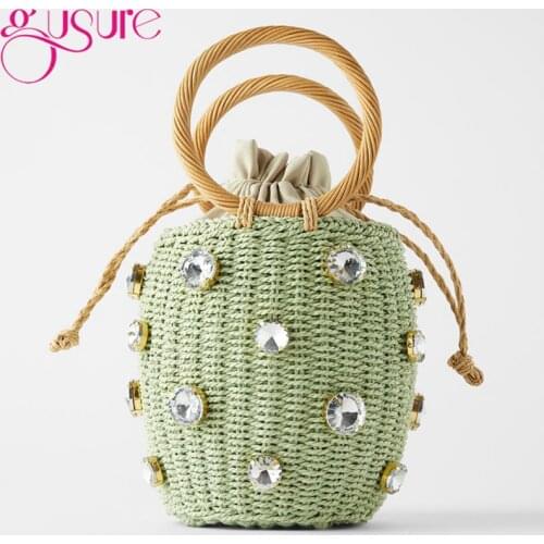 Gusure Green Diamonds Straw Handbags For Women Hand-woven Rattan Bag Female Tote Bag 2021 New Summer Holiday Bohemia Beach Bag