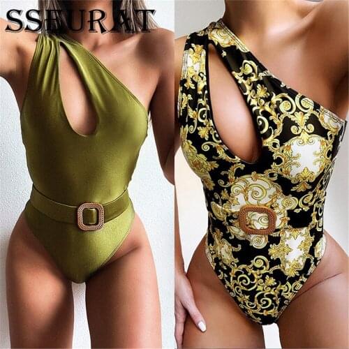 SSEURAT Hollow Out Swimsuit One Piece Female One Shoulder Monokini Bikini 2021 High Cut Swimwear Women Belt Bodysuit